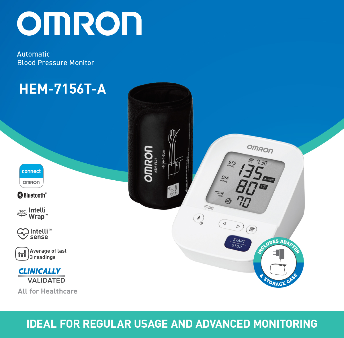 Upper Arm Automatic Blood Pressure Monitor HEM-7156T-A (With Adapter)